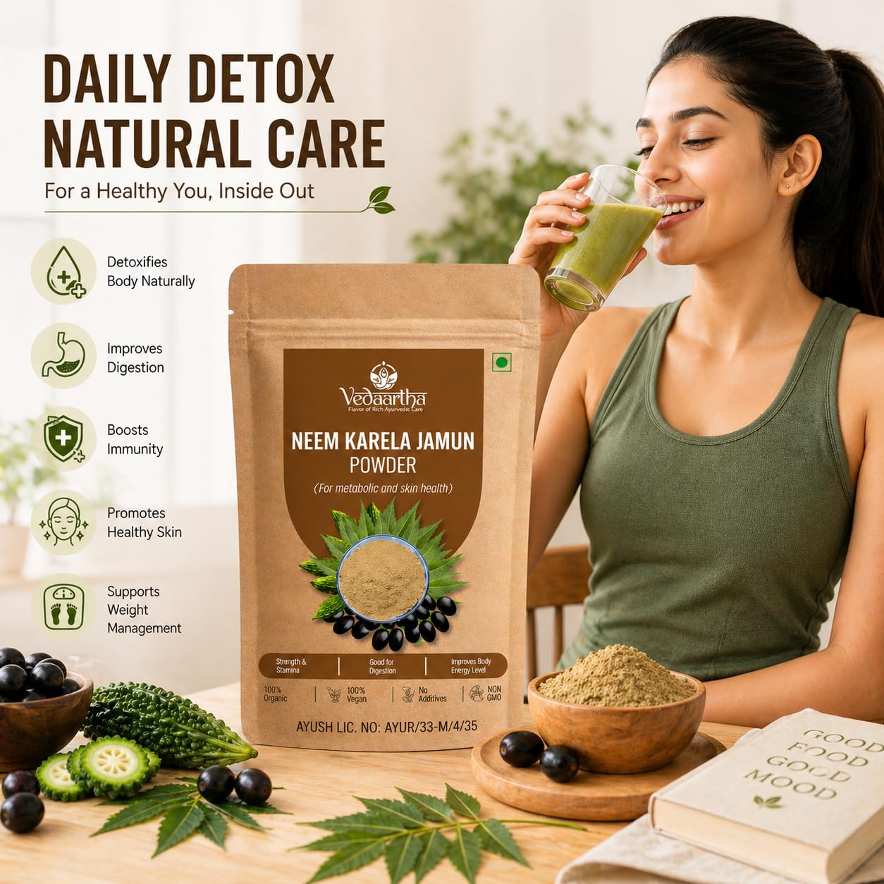 Organic Neem Karela Jamun Powder for Diabetes Care | Ayurvedic Herbal Supplement with Jamun Seed & Karela Neem | Vegan Blood Sugar Control Churna | AYUSH Certified for Immunity & Wellness | Natural Detox for Men & Women (100g) — Amazon image 2