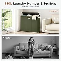Vista 6 de SOLEDI Cesta de lavandería de 3 secciones de 180L con tapa, cesta de ropa sucia extragrande con asas resistentes para lavandería y dormitorio