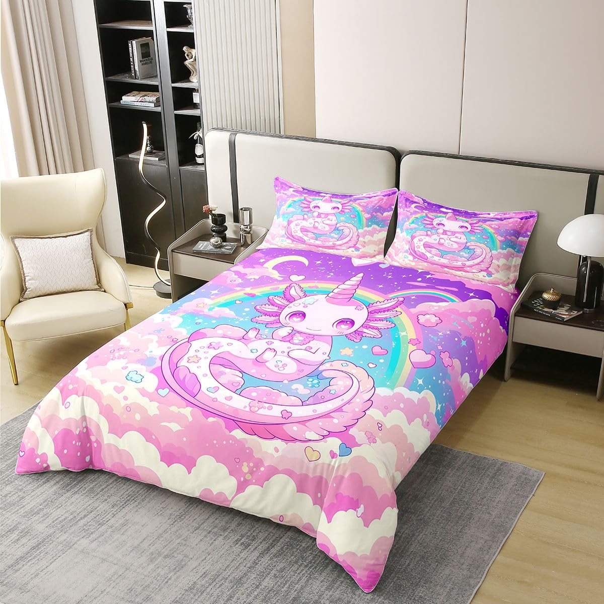 Homewish Kreskówka Marzycielski Axolotl Księżniczka Dziewczęca Tęcza Jednorożec Fioletowy Różowy Pojedynczy Zestaw Poszwa Na Kołdrę Miłość Serca Bawełniana Pościel Ombre Urocza Salamandra Poszewka Na