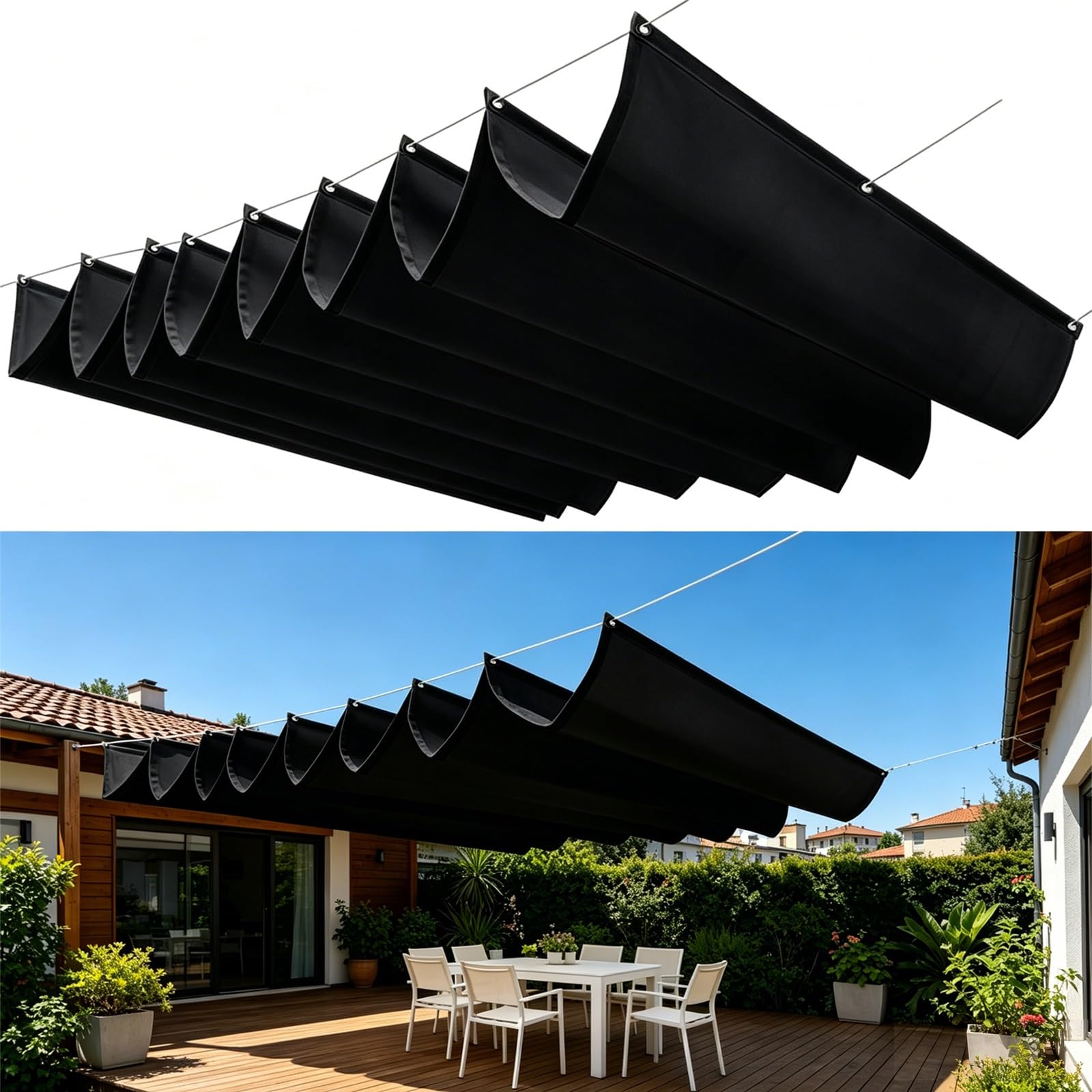 Voile d'ombrage vague rétractable 190x1000 cm bâche imperméable noire anti-UV robuste