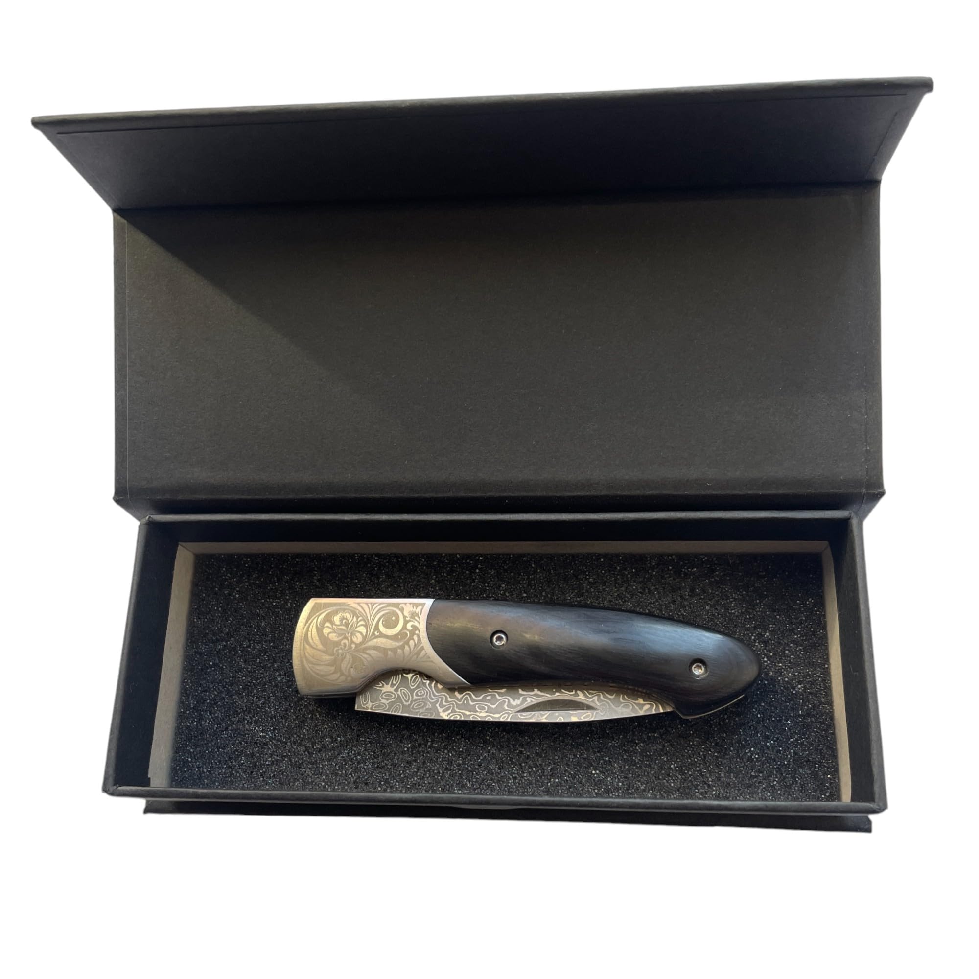 Navaja Damasquinada - 17,40 cm - hoja 7,20 cm damasquinada de acero damasco 67 lamas - mango negro de madera 10,20 cm - peso 91,60 gr - Bushcraft Ideal para Portabilidad y Uso Diario
