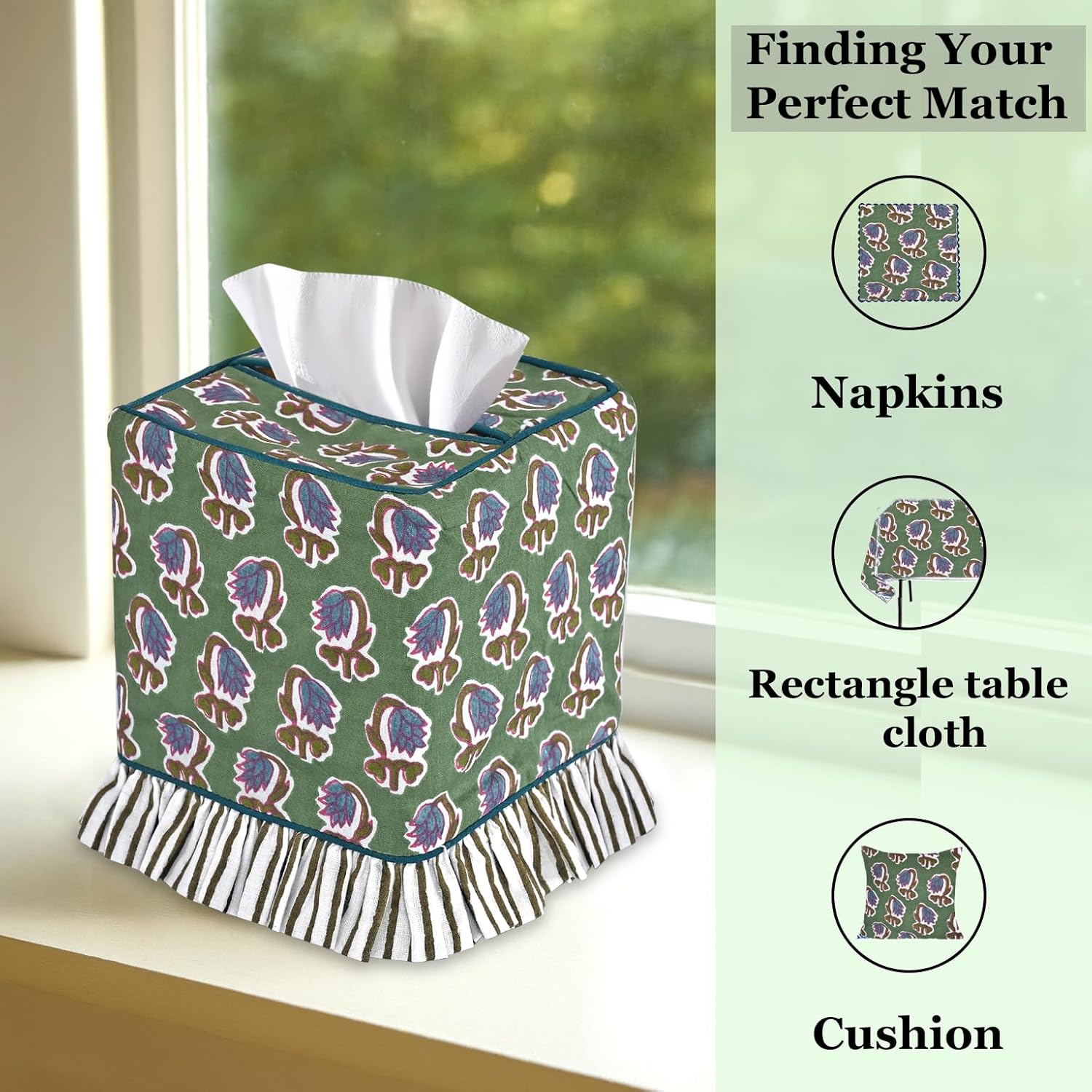 Ridhi Basil Green Block Print Ruffle Tissue Box Cover Handmade Cotton Decorative Square Napkin Holder for Home Bedroom Living Room Bathroom Vanity Countertop Car Office Kitchen