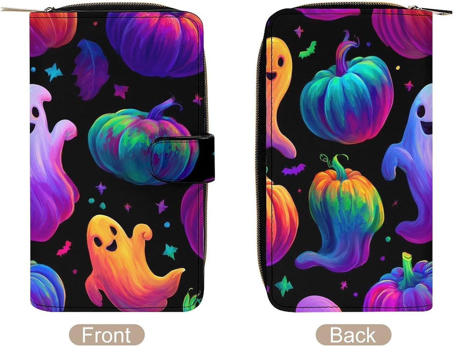 Ghosts Pumpkins Glowing Halloween Women's Leather Wallet Large Purse Clutch Bag with Card Holder ID Window
