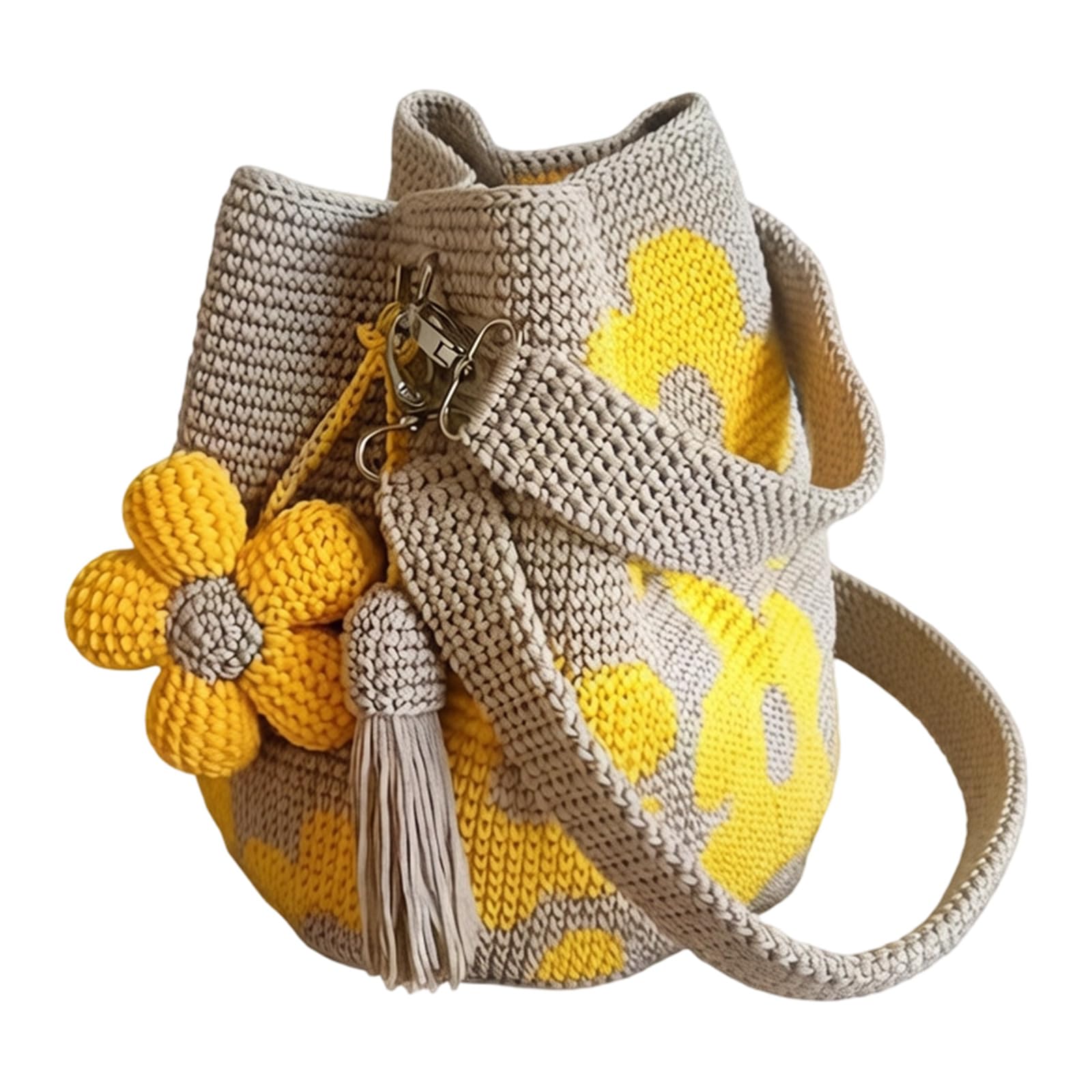 Good Times Handgehäkelte Blumentasche, Handmade Crochet Flower Tote, handgefertigte gewebte Tasche mit Vintage-Design, Gestrickte Handtasche mit Blumenmuster & Quastenanhänger