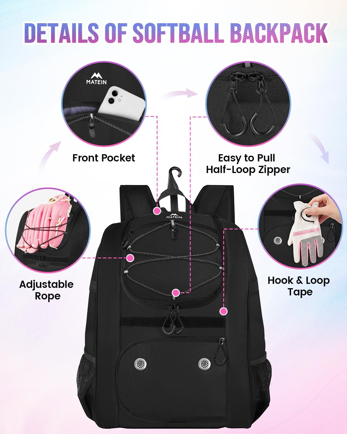 MATEIN Softball Bag, Lightweight Baseball Backpack with Shoe Compartment, Baseball Bag with Fence Hook for TBall Bat & Equipment, Softball Gifts Catchers Backpack for Women Fit Catcher’s Mitt, Helmet - Image 7