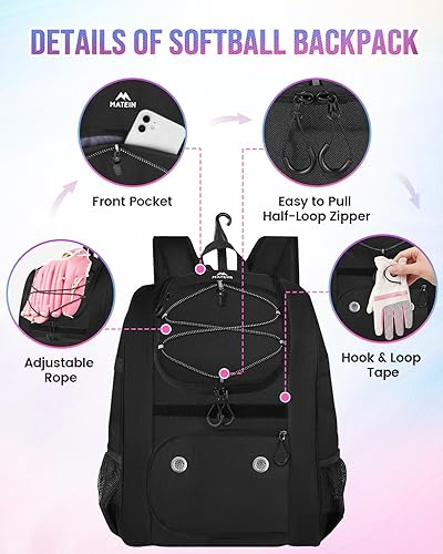 Miniatura 7 de MATEIN - Bolsa de sóftbol, mochila de béisbol ligera con compartimento para zapatos, gancho para valla para bate y equipo de TBall Bate, regalos