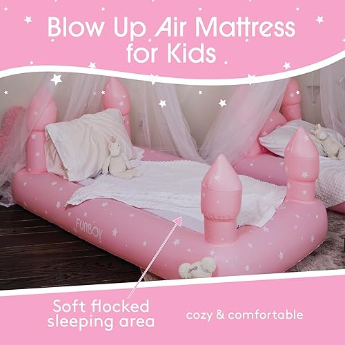 Miniatura 10 de FUNBOY Cama y colchón de aire de viaje Blue Castle Sleepover para niños. Perfecto para fiestas de pijamas. Incluye bolsa de transporte, tamaño