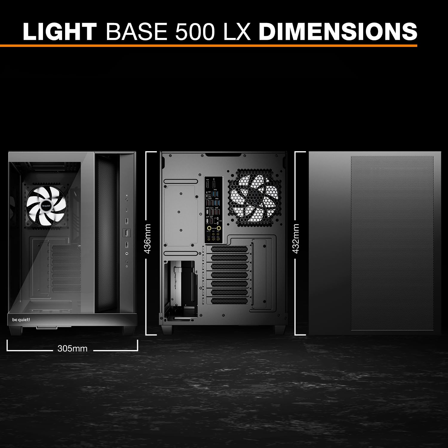 be quiet! Light Base 500 LX Black obudowa PC, w pełni przeszklone panele przednie i boczne, Show Case, Dual Chamber Design, ARGB, 4 wentylatory Light Wings LX PWM, konstrukcja z tyłu