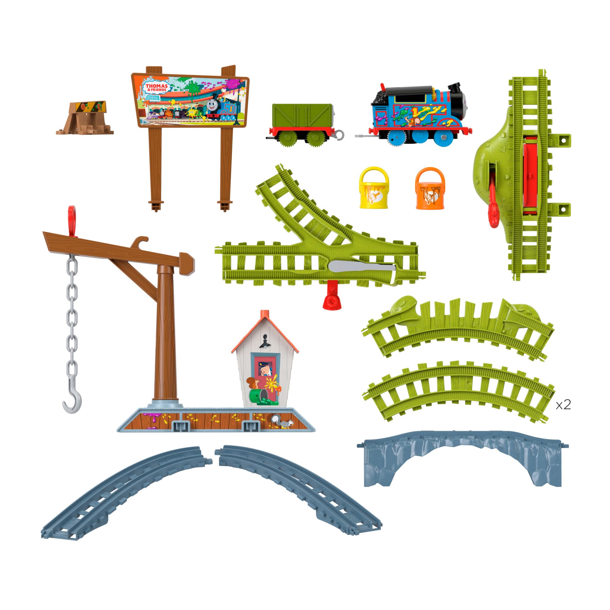 Thomas y sus amigos Reparto de pintura, Set de juego con locomotora motorizada, vagón y vías para tren de juguete, 15 piezas, juguete regalo para niños y niñas +3 años, HTN34