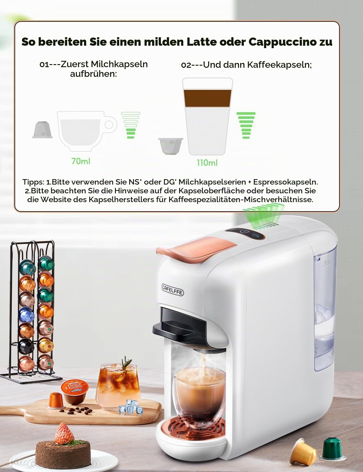 CAFELFFE 5-in-1-Kapsel kaffeemaschine MK606,Heiß-/Kaltbrüh,19 Bar, für Nec* Original-,DG*-, Kcup-Kapsel,ESE-Pads und Kaffeepulver,Erp2-Energiesparmodell,0,6L Wassertank,Weiß,Geschenke machen