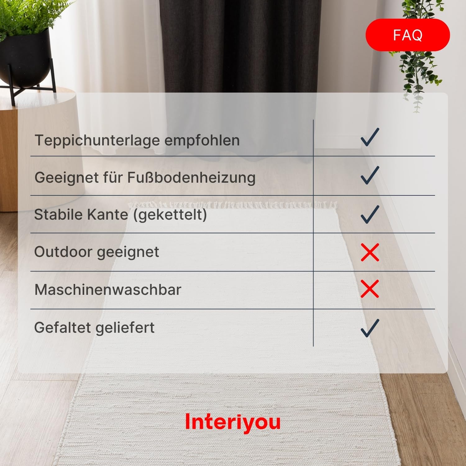 Interiyou Toledo Teppich aus Baumwolle - 70x200 cm Weiß - Handgewebter Teppich mit Fransen für Wohnzimmer, Schlafzimmer, Kinderzimmer, Esszimmer, Küche oder Flur