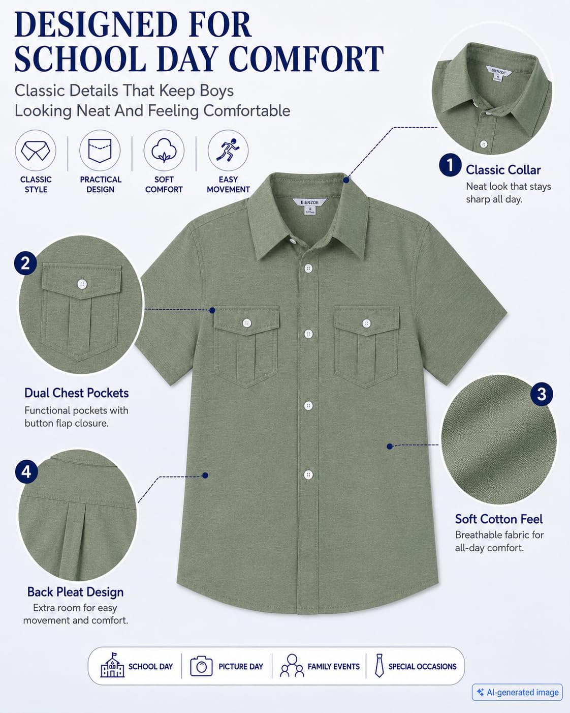 Bienzoe Boys Short Sleeve Shirt: School Uniform Button Down