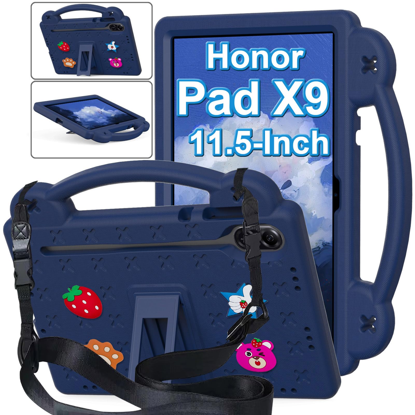 Billionn Case Compatible with Honor Pad X9 11.5 Inch, DIY Accessories for Kids, Shockproof Case with [Pencil Holder] [Shoulder Strap] [Handle Stand], Navy Blue-A