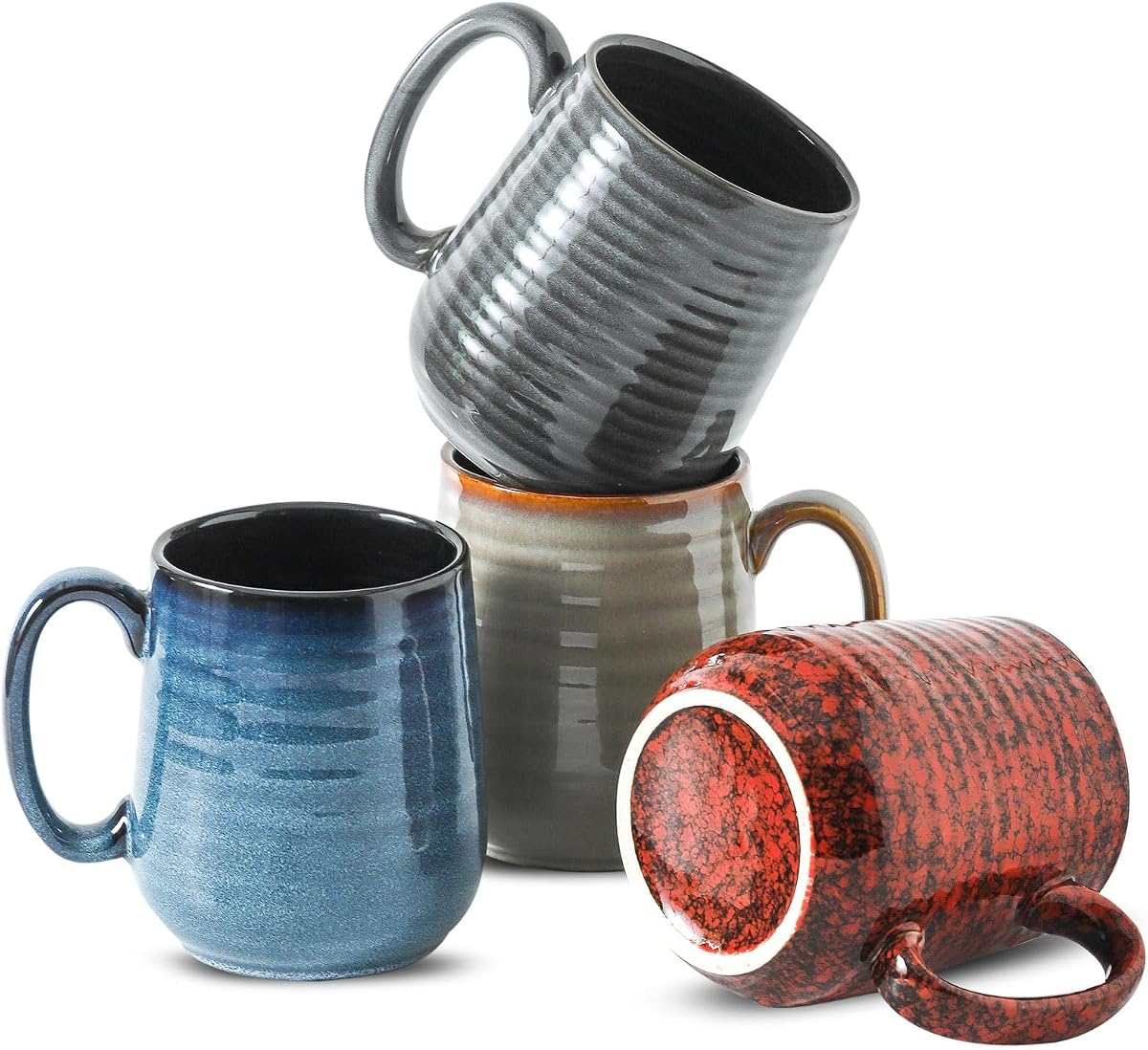 HASENSE Juego de 4 tazas de café de gres de 15 onzas con mango grande, juego de tazas rústicas coloridas para café, té, coco, latte, apto para lavavajillas y microondas