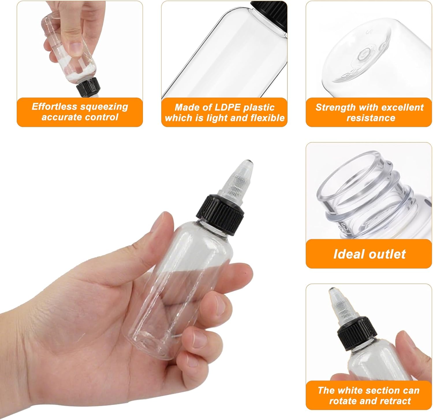 200 Pcs 2 oz Plastic Squeeze Bottles Bulk with Twist Cap Empty Liquids Dispenser Boston Hair Oil Dispensing Bottles for Condiment Essential Oils Hair Applicator