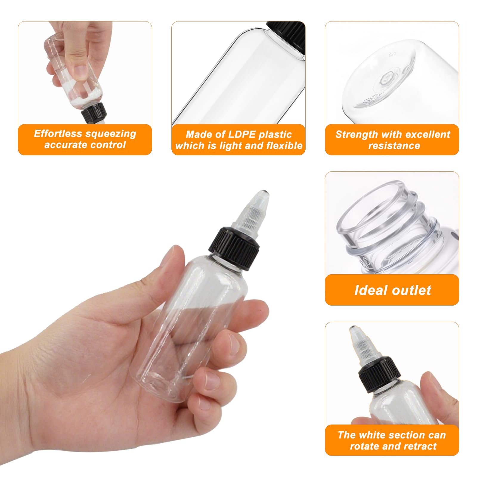 Boston Lot de 200 flacons souples en plastique avec bouchon à visser pour huiles essentielles, applicateurs de cheveux, liquides, condiments