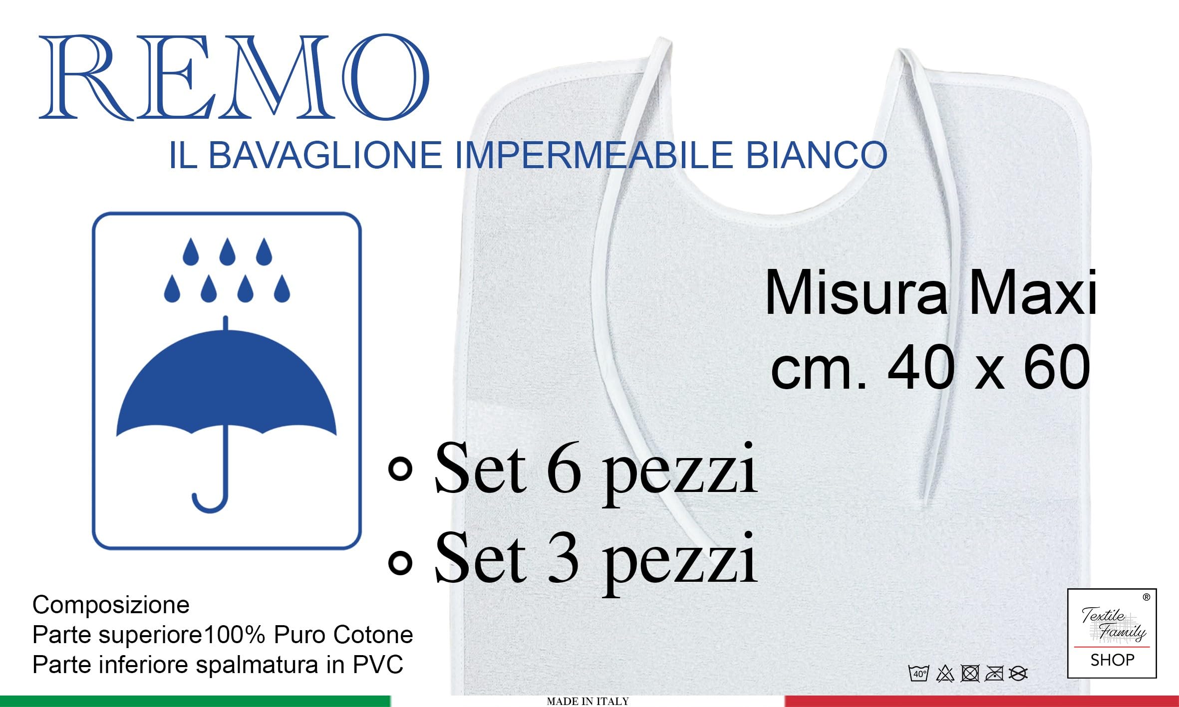 Tex family Set Bavaglioni Impermeabili da Adulto Remo©, Bavaglione Antimacchia con Lacci, 40x60 cm, Unisex, Ideale per Case di Riposo e Strutture Sanitarie, Protezione durante i Pasti, Made in Italy