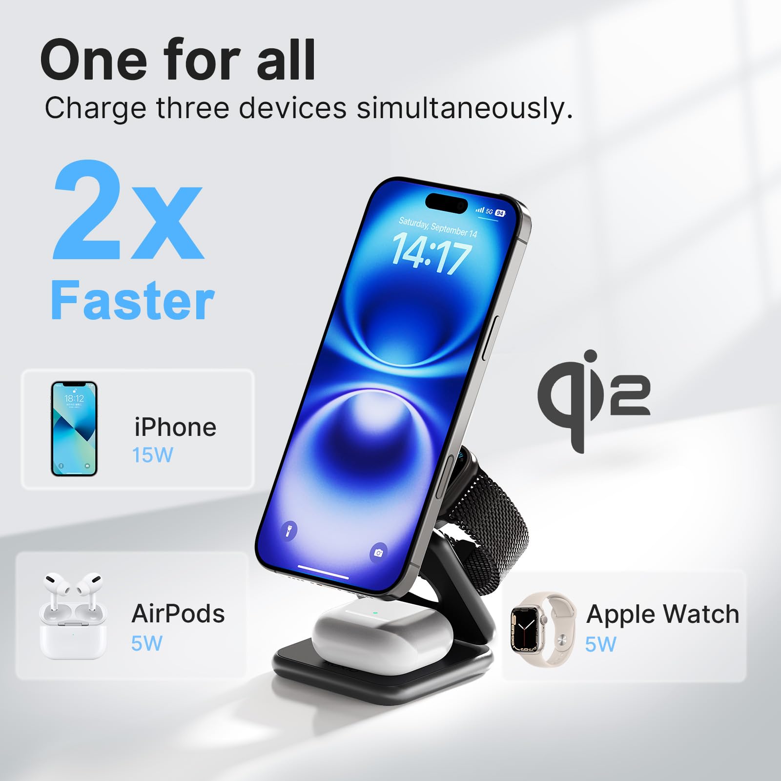 KU XIU X40Q Caricatore Wireless Magnetico Qi2 15W, Stazione di Ricarica Pieghevole 3-in-1 per iPhone 16/15/14/13/12, 5W per Apple Watch 10/9/Ultra/SE/8/7/6/5/4 - Nero