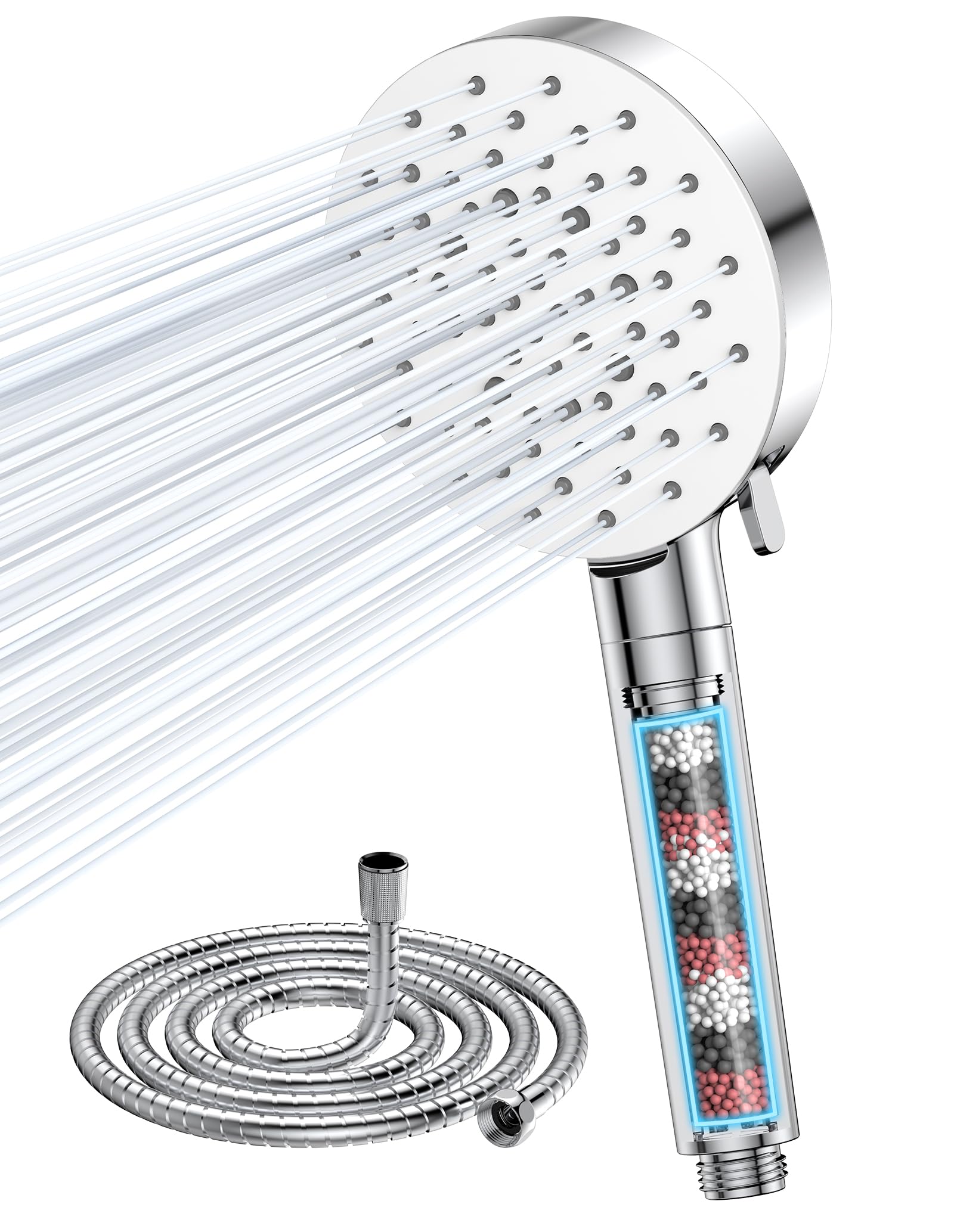 VOXON Duschkopf mit Filter, Wassersparender Duschkopf mit Schlauch und 6 Strahlarten, Hochdruck Handbrause mit 3-Lagen-Filtration für Hartes Wasser, Rest-Chlor, Bakterien, Schwermetall （Weiß）