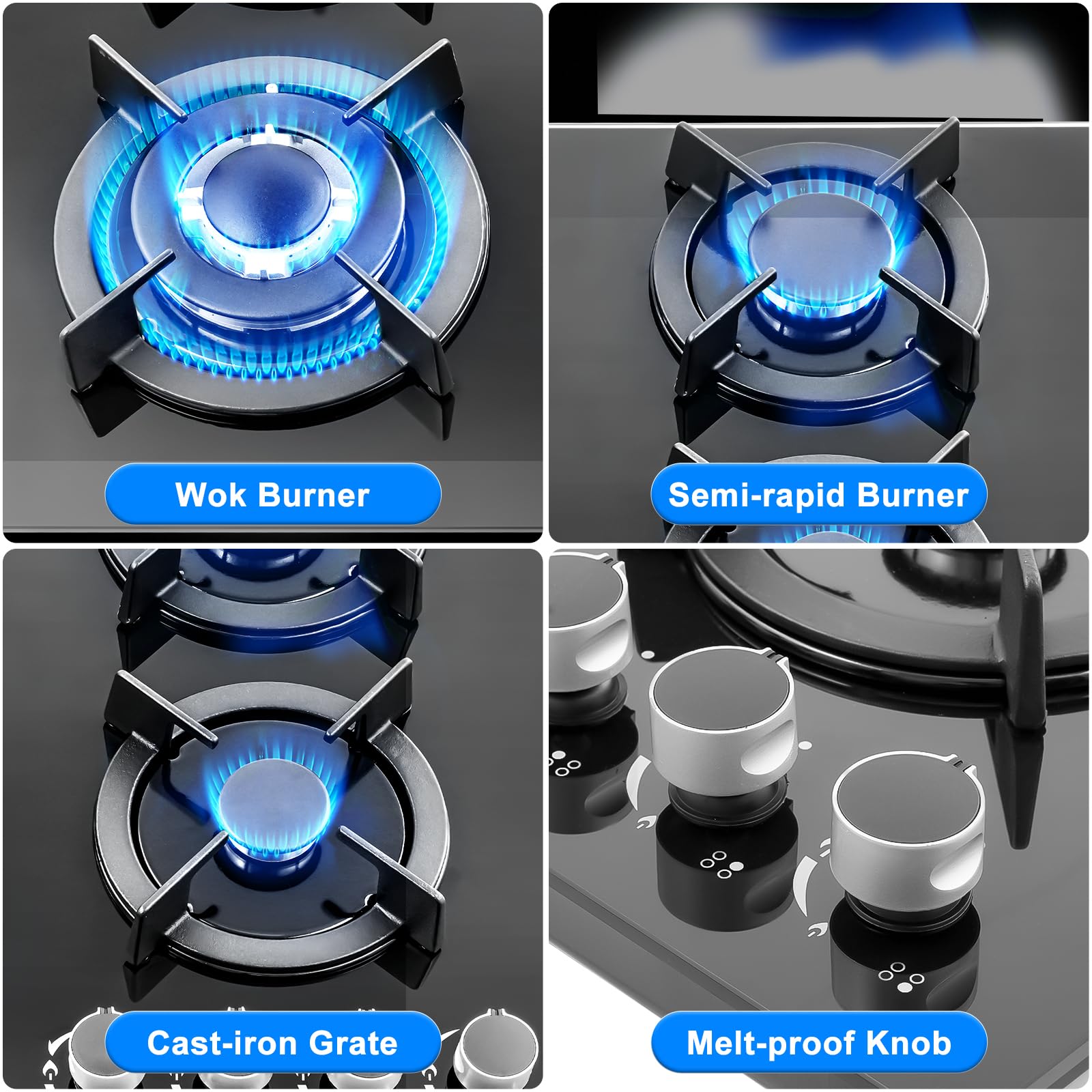 Victoam 7400W Gas Hobs 4 Burners, NG/LPG Convertible Induction Hob, 60cm Built-in Tempered Glass Panel, Electronic Lgnition + Flame Failure Protection (Black) — view 5