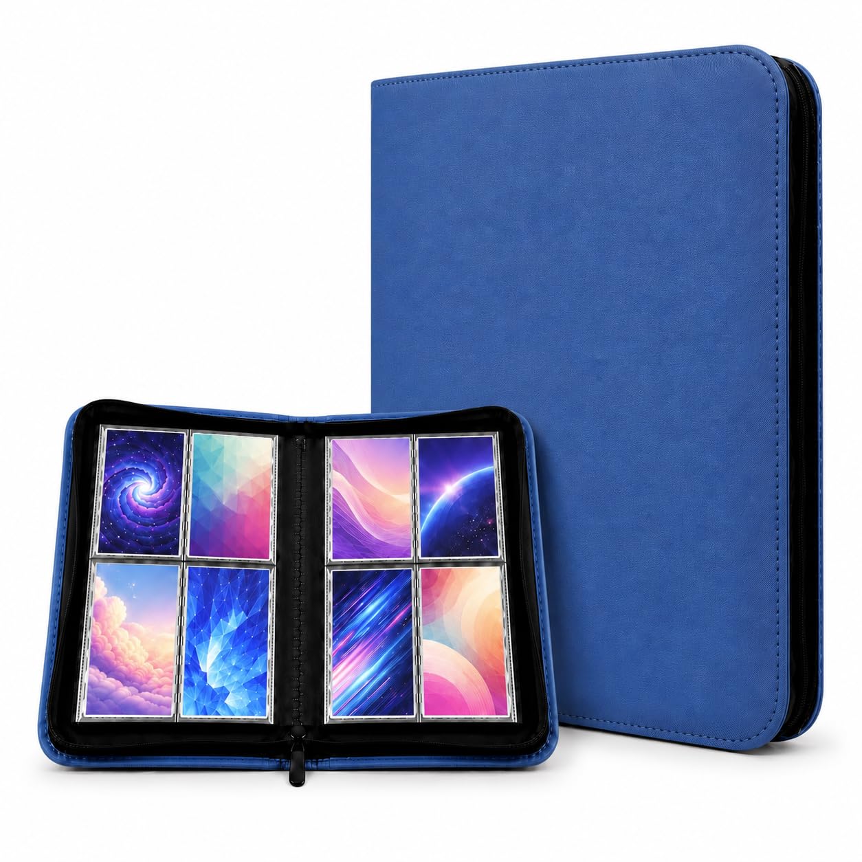 4 Pocket Card Binder, 160 Pockets Ringless PU Trading Card Binder with Zipper for TCG, MTG, Sports Cards, Game Cards, Side-Loading Binder (Navy Blue)