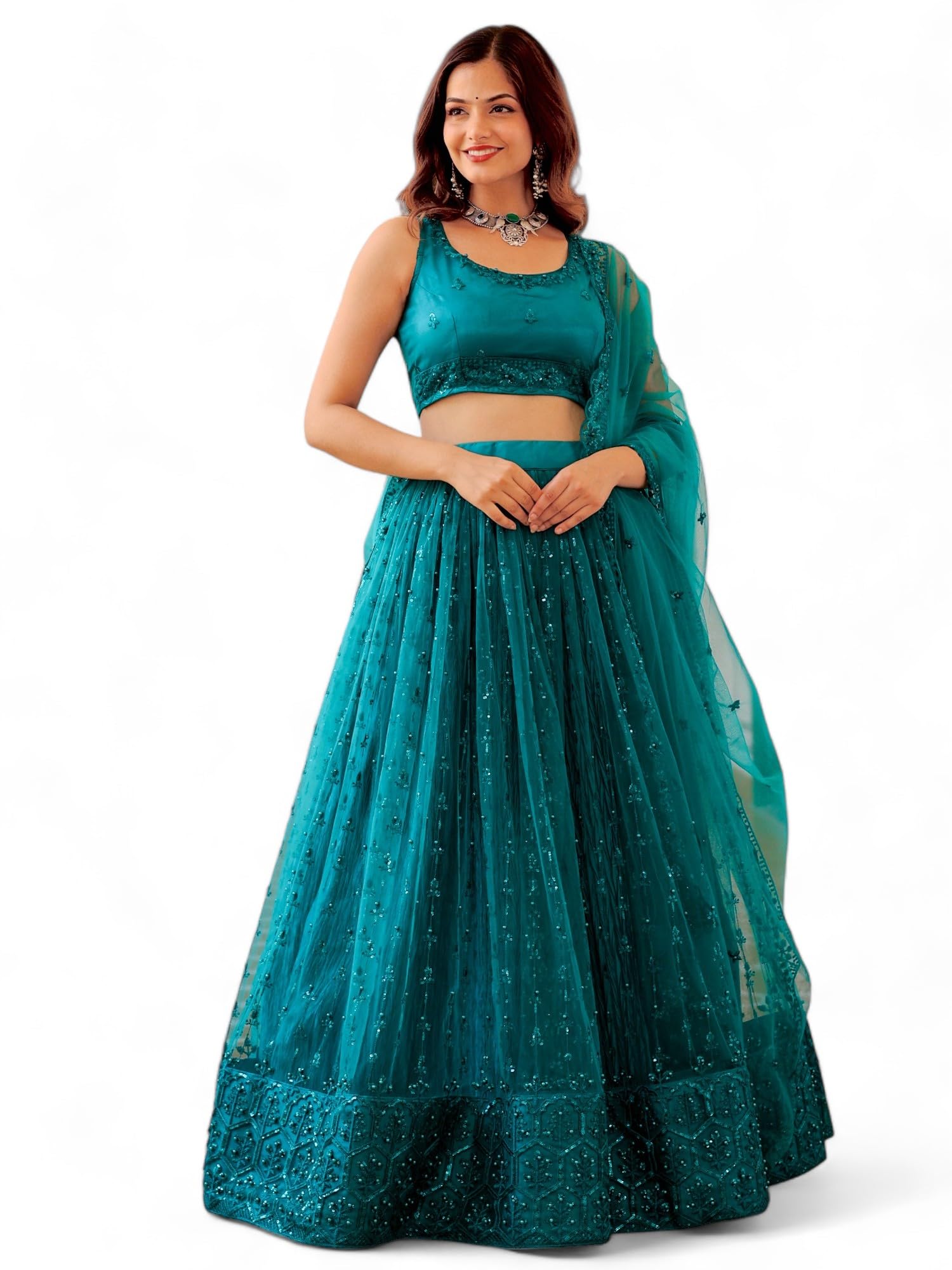 Women's Resham & Sequins Embroidered Soft Net Semi-stitched Designer Lehenga Choli Set With Dupatta (5056-Teal-Wedding-Bridal-Stylish-Latest; Free Size)-image-8
