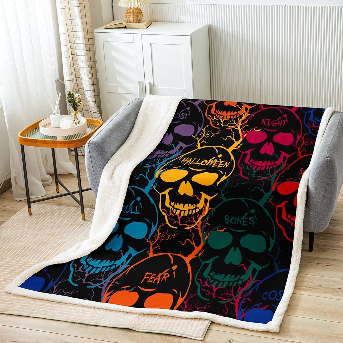Loussiesd Coperta in pile con teschio sherpa, stile gotico, con ossa, scheletro, peluche, per letto, divano, Halloween, calda coperta sfocata, matrimoniale, 150 x 199 cm