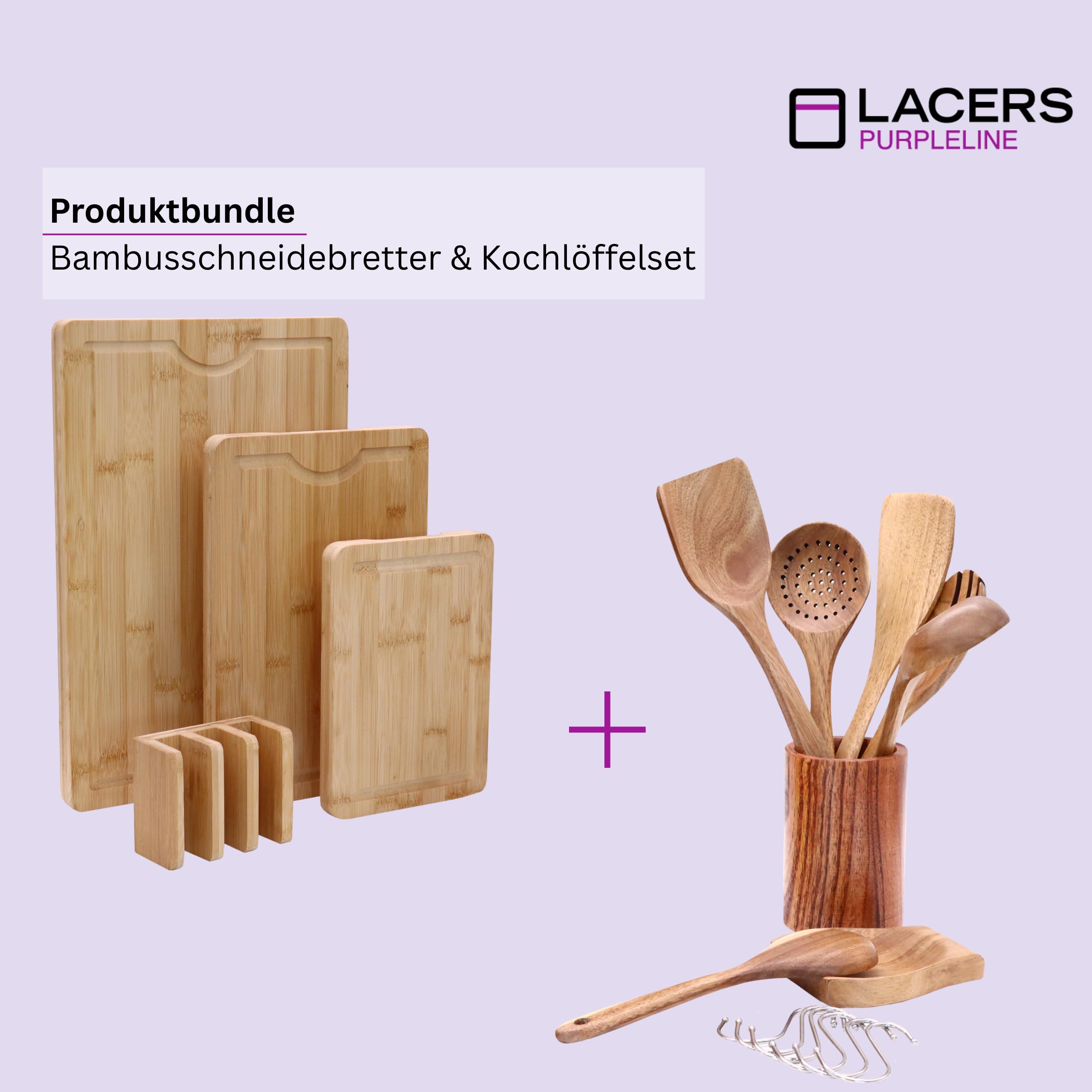 Lacers PurpleLine - Bundle - Bambus Holzschneidebrett 4-teilig mit Saftrille & rutschfesten Füßen/Kochlöffelset 14-teilig aus Akazienholz - Vielseitiger und nachhaltiger Küchenhelfer für die Küche