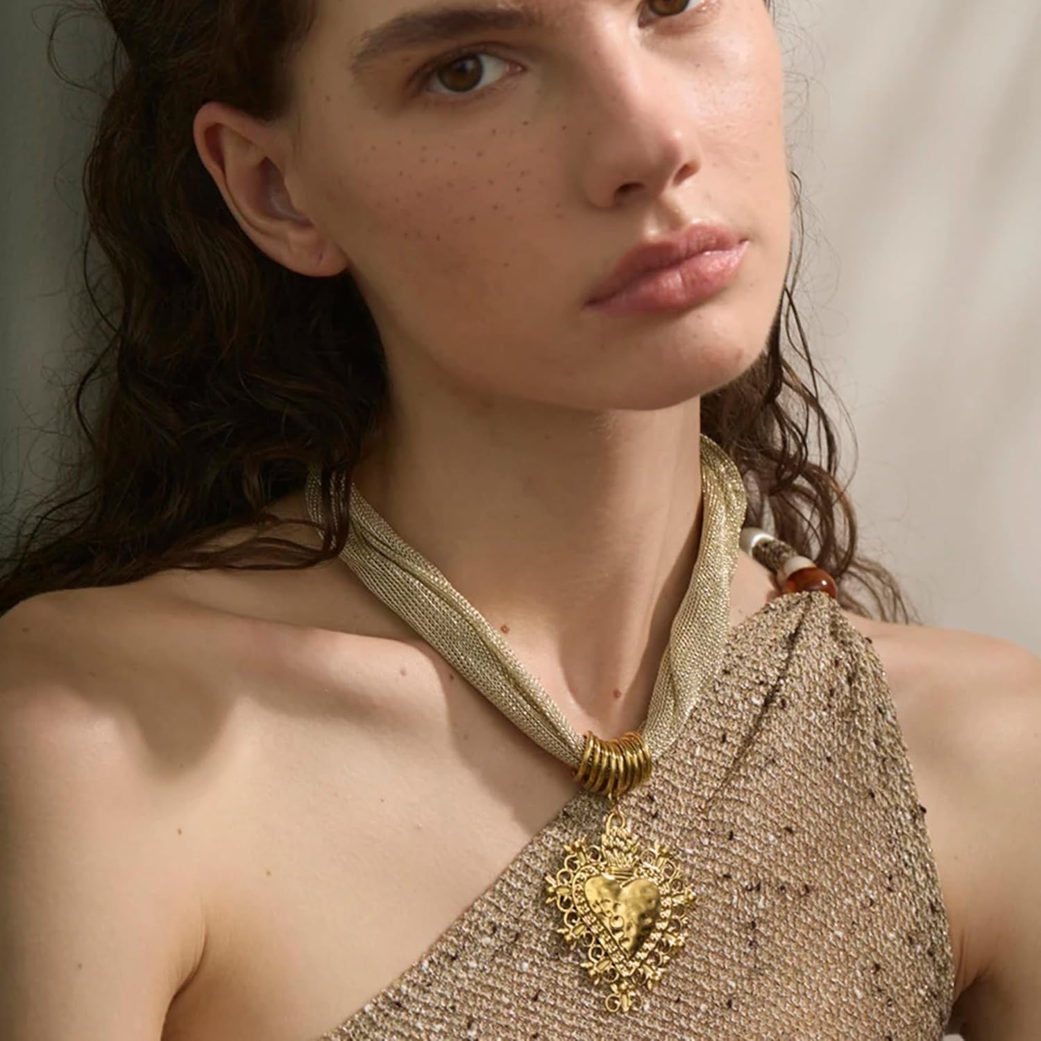 Mchic Statement Necklace for Women Trendy: Sparkly Mesh Fabric Chain with Dainty Glass Stone Cross or Vintage Heart Pendant Necklace，Adjustable Boho Fashion Gold Jewelry Gifts for Her - Image 2