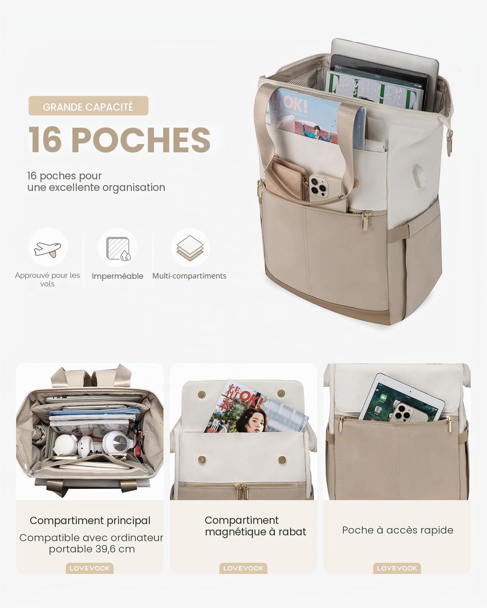 LOVEVOOK 17 Pouces Sac à Dos Ordinateur Portable pour Femme, Antivol et Renforcé de Voyage, pour Travail, College, École - Backpack Leger
