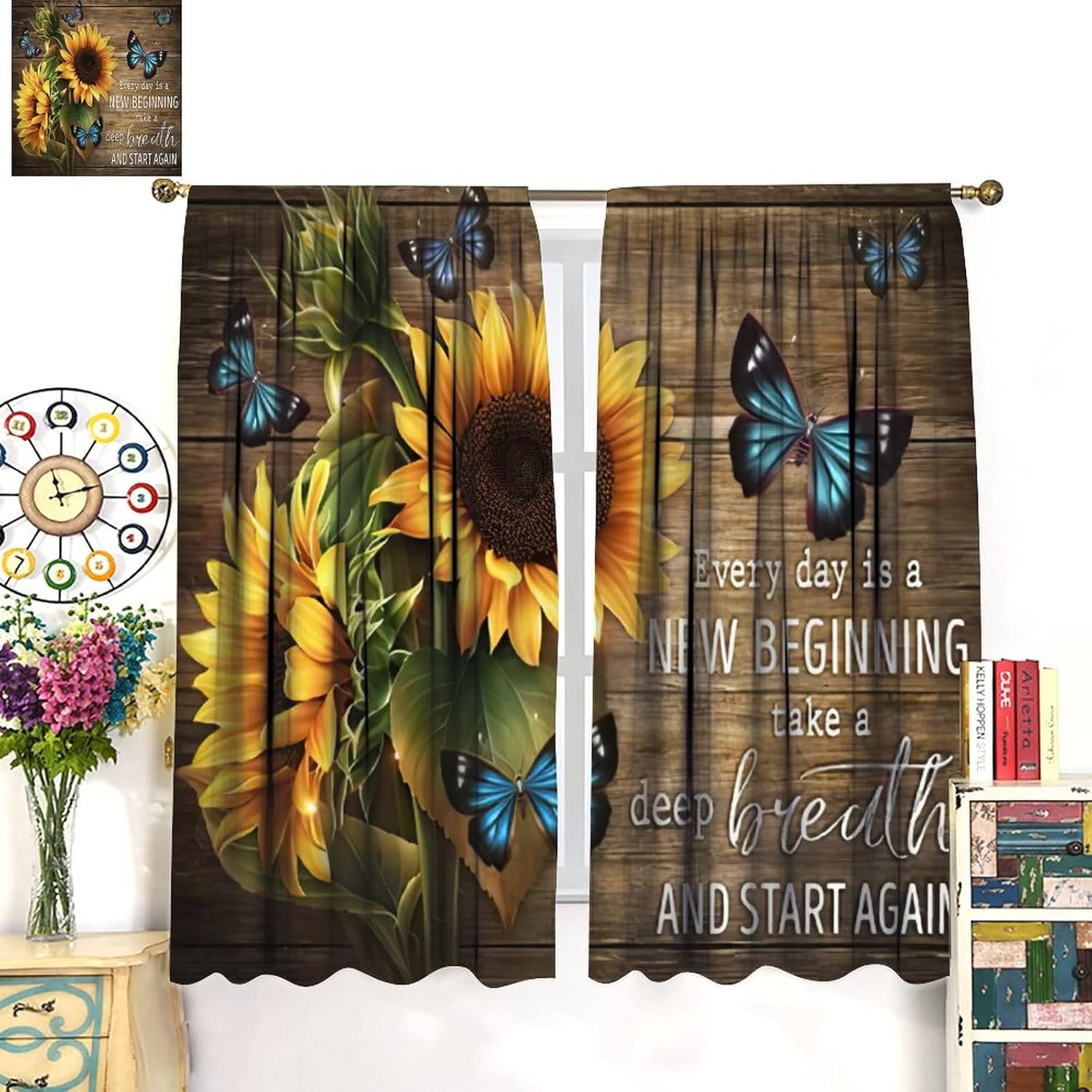 Retro Sunflower Curtains Plants Floral Butterfly Rustic Farmhouse Wooden Board Decor Window Treatment for Kitchen Bedroom Living Room Children's Room Rod Pocket Blackout Window Drapes 42x45in