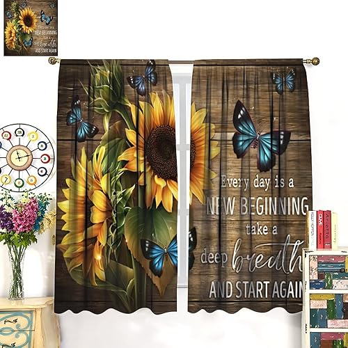 Miniatura 3 de Cortinas retro de girasol, plantas, mariposas y flores, rústicas, de granja, decoración de tablero de madera, tratamiento de ventana para cocina,
