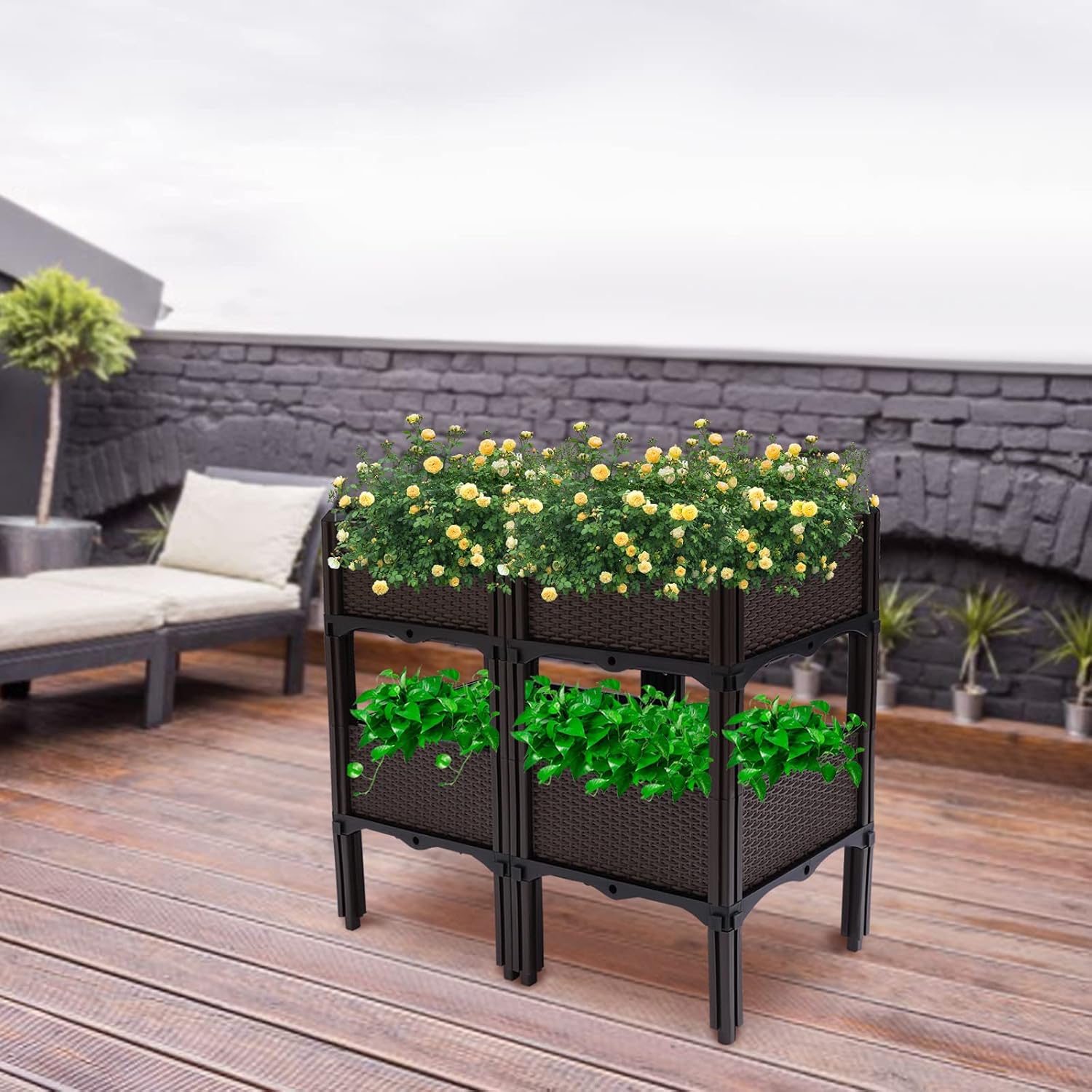 Planter Box Kit, Raised Garden Bed, 2-Layer Garden Planter Box, 4PCS Raised Elevated Garden Bed, Plastic Raised Garden Bed Elevated Planter, at Home or Garden, for Growing Vegetables, Flowers