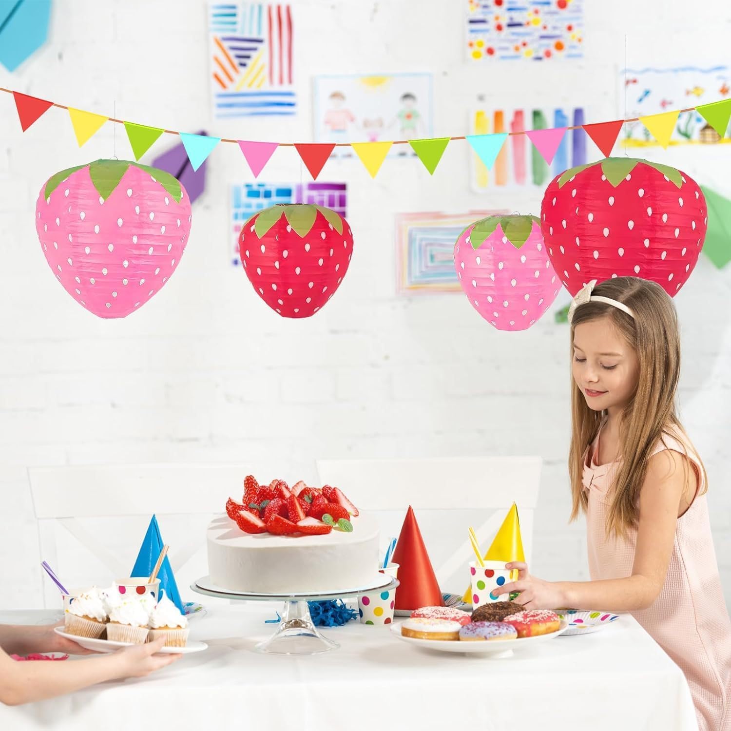 Strawberry Paper Lanterns, 8" & 12" Large Strawberry Hanging Lantern, Strawberry Hanging Decorations for Fruit Theme Birthday Party Decor(8 Pcs, Red & Pink) - Image 4