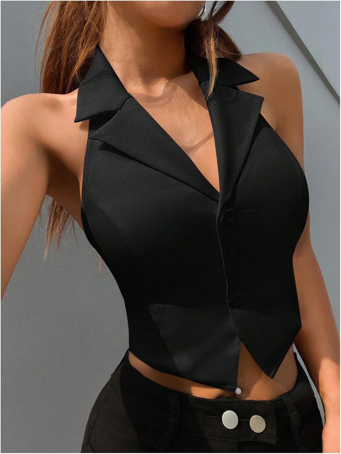 MakeMeChic Women's Halter Vest Tops Summer Button Down Asymmetrical V Neck Sleeveless Crop Tops - Image 3