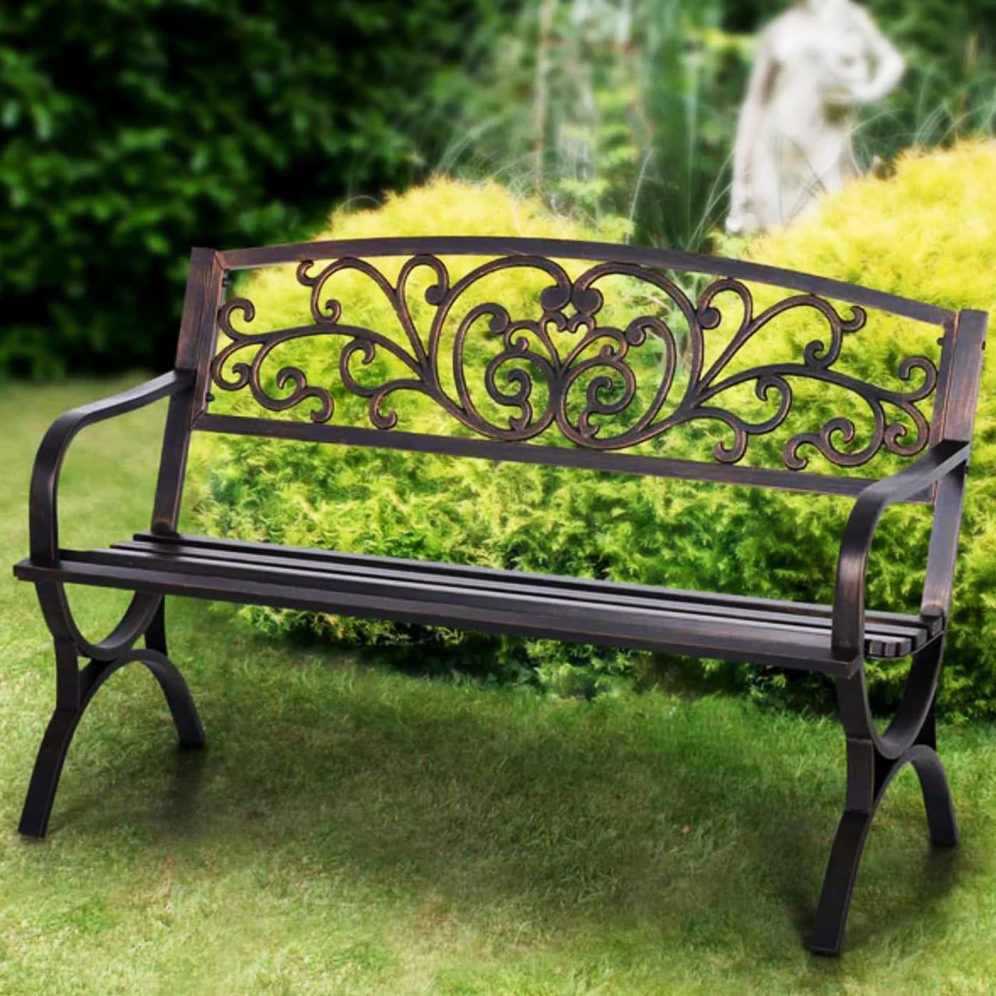 PHI VILLA 50Inch Cast Iron Garden Bench with Floral Backrest