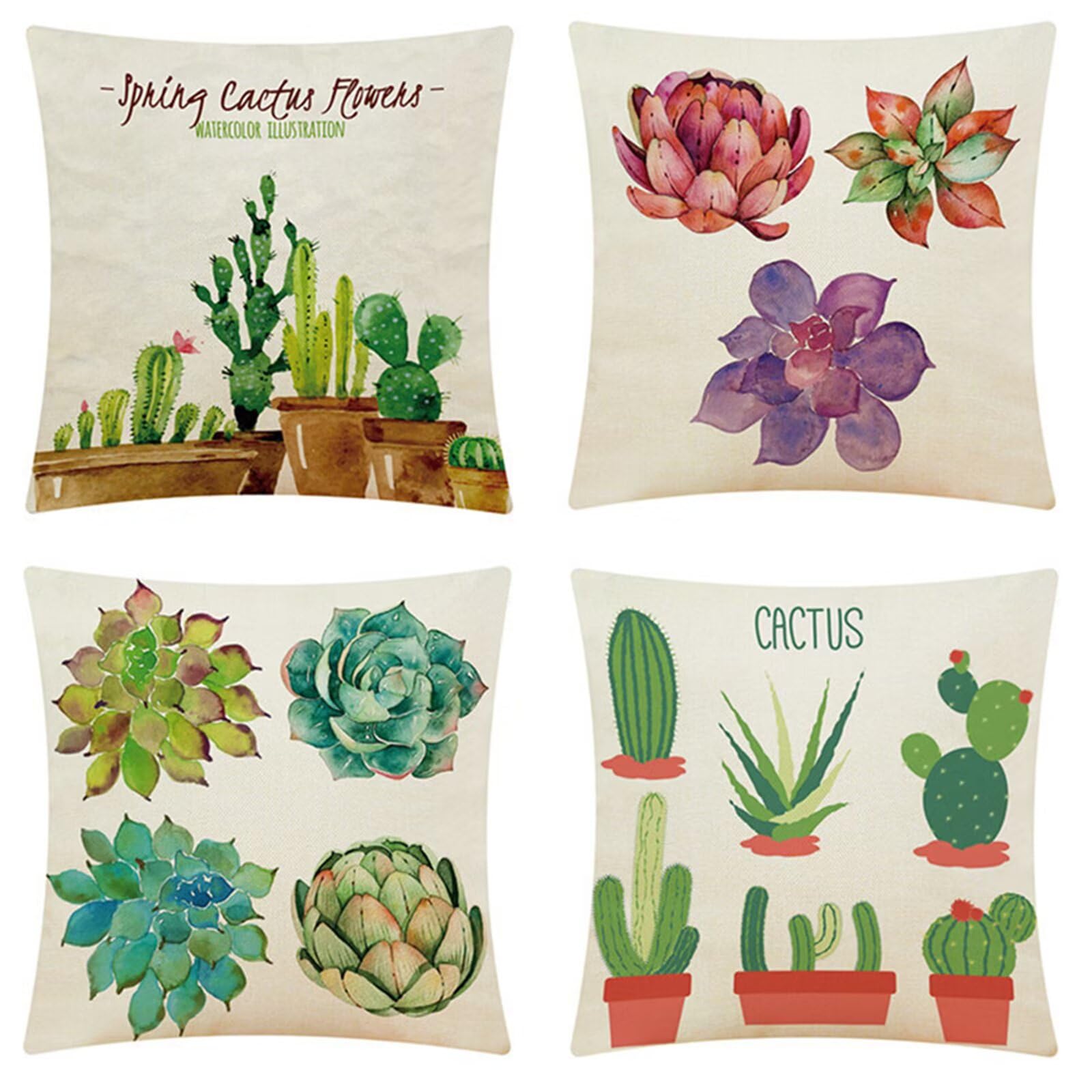 Juego de 4 Impermeable Funda de Cojín Maceta de Cactus,65x65cm Moderno Suave Transpirables Lino Fundas de Almohada Cojines Decorativos con Cremallera Oculta para Exterior Sofá Cama Coche Hogar