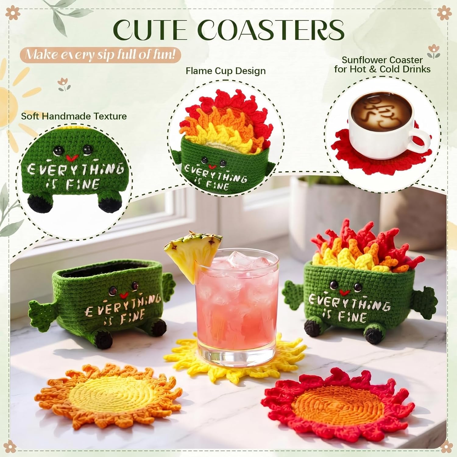 Cute Crochet Dumpster Coasters Set of 3, Funny Handmade Fun Soft Decorative Drink Coasters Set for Coffee Tabletop Protection, Essentials Gift Home Office Accessories Decor (Green) image 5