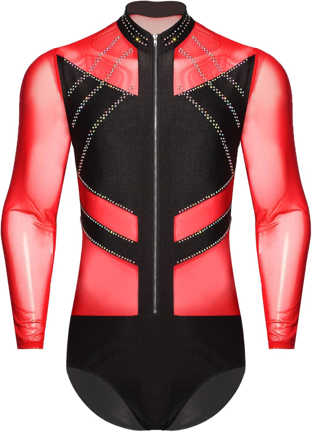 Men's Long Sleeve Sheer Mesh Latin Jazz Dance Leotard Figure Skating Gymnastics Bodysuit Tops