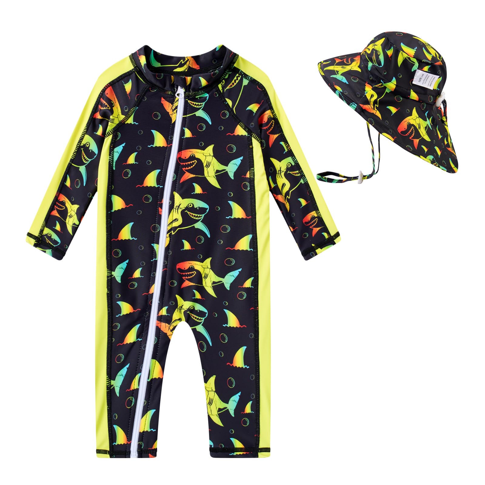 Funnycokid Baby Boy Swimsuit Zipper Infant Bathing Suits One Piece Rash Guard Swimwear with Hat