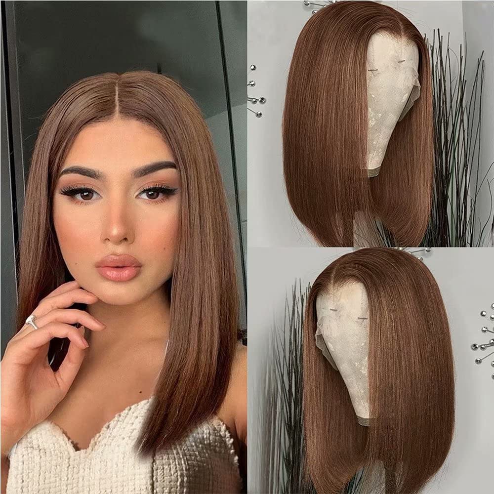 nd NOVA DONNA Chocolate Brown Bob Premium Human Hair Lace Front Wigs for Black Women 13x4 Frontal Wigs Human Hair Pre Plucked Glueless Straight Bob Wigs with Baby Hair 180% (14")