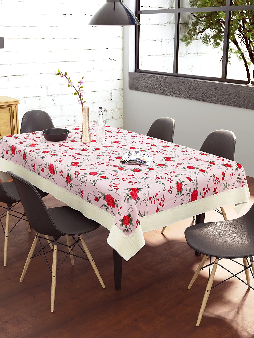 CASA-NEST 2-4 Seater PVC Table Cover; Red Roses On Pink Base; Anti Slip; 40×60 Inches; printed001