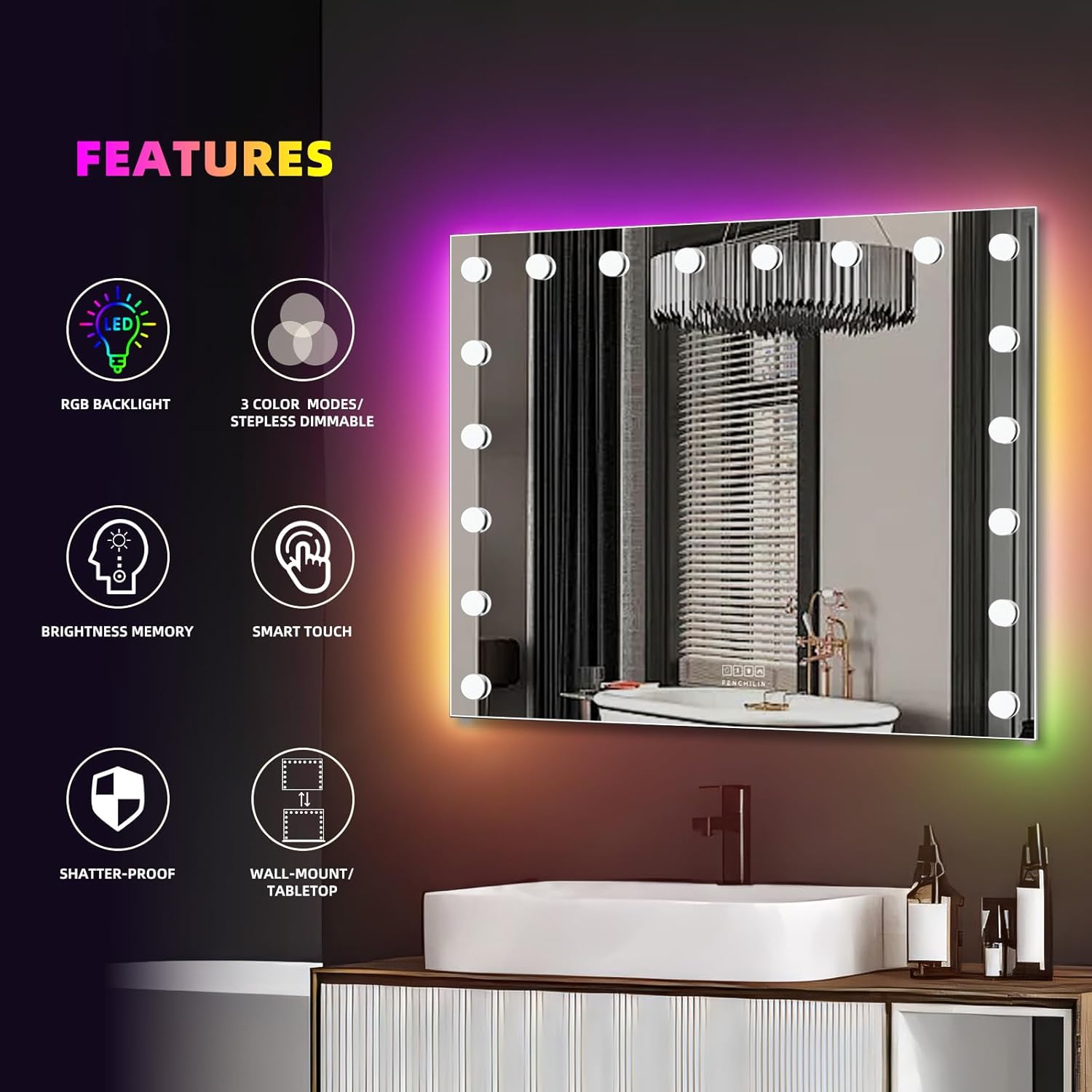 FENCHILIN Vanity Mirror with Lights and Bluetooth Speaker 22.8x 18.1 Makeup Mirror Lighted Hollywood Mirror with 15 Dimmable LED Bulbs USB Charge Port, 3 Color Lighting Modes
