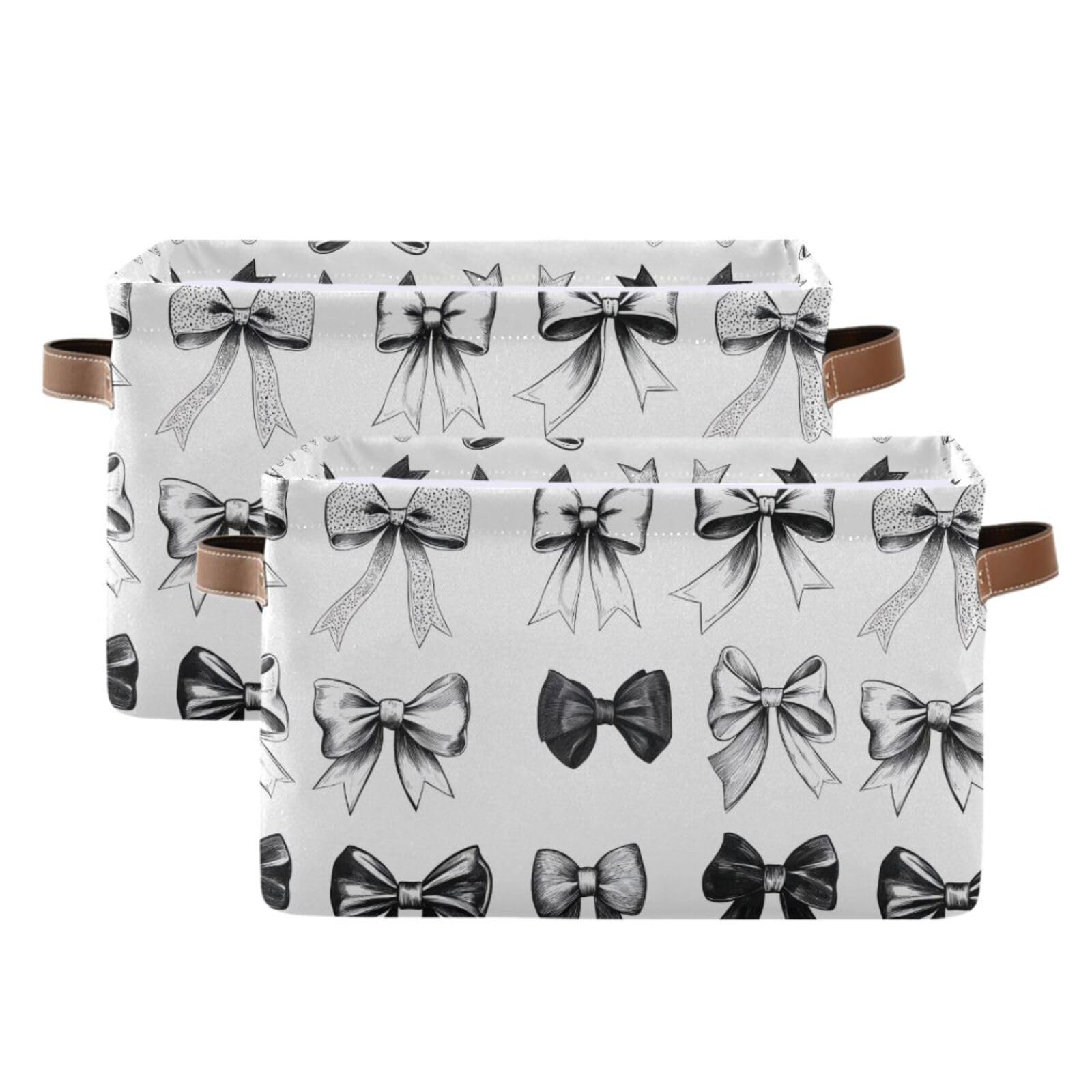 PaChyLuu Black and White Bows Storage Basket Bin Canvas Fabric Organizer Toys Basket with Handles for Home Office Nursery, Clothes, Gifts, 2 Pcs