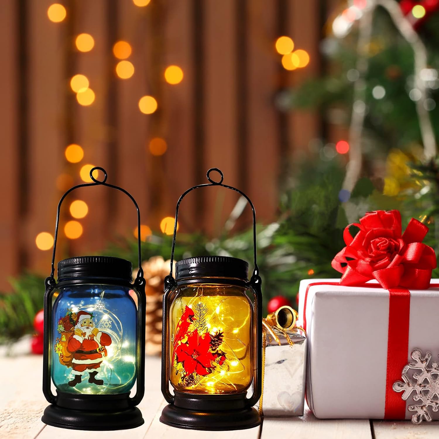 2 Pack Memorial Cardinal Solar Lanterns Outdoor,Mason Jar Lights with Red Bird & Santa Claus Decor, Sympathy Gifts Waterproof Table Light for Patio Yard Tree(Warm White)