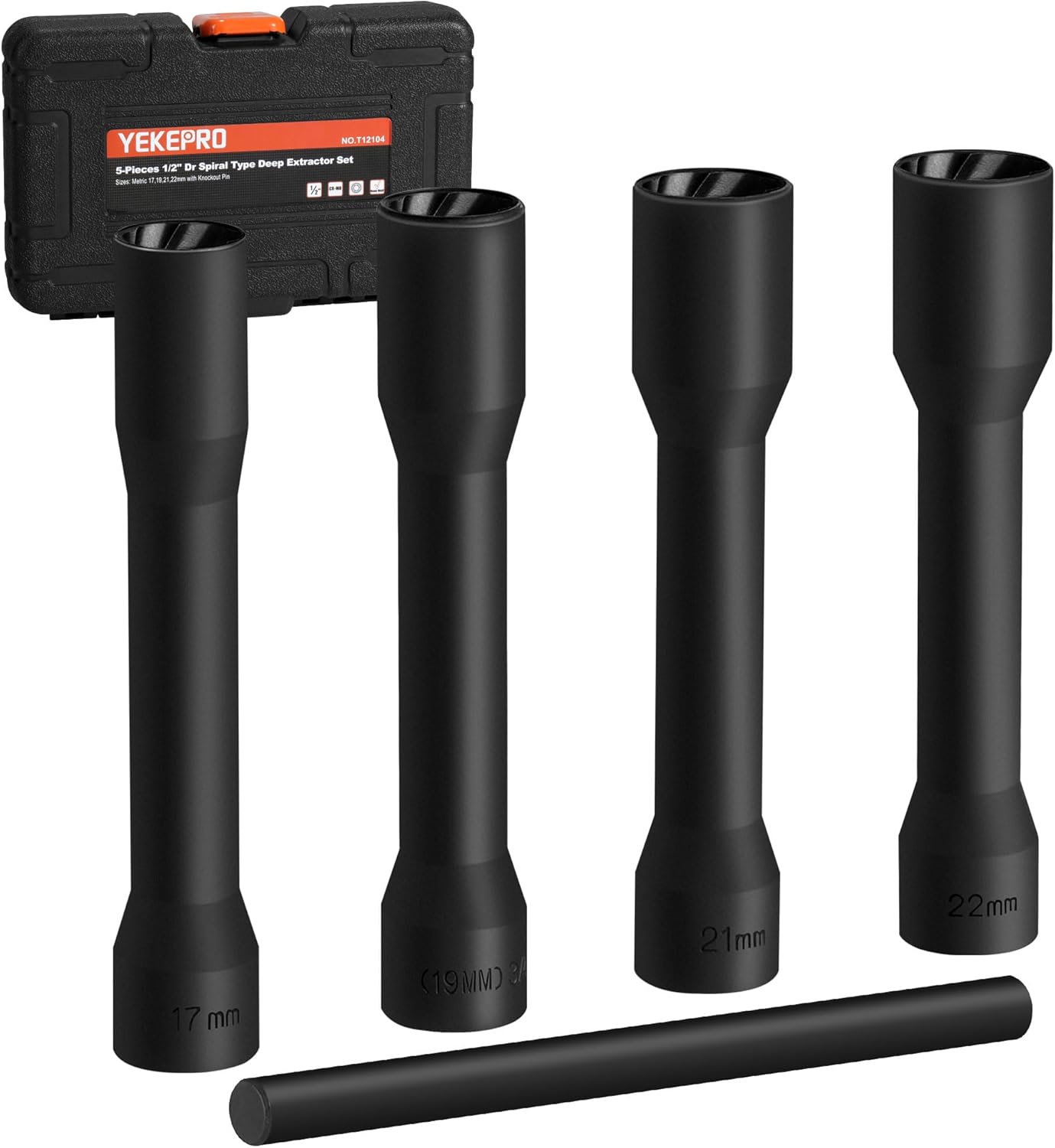 5 Pieces 1/2 Inch Drive Spiral Type Deep Extractor Set, Bad Lug Nut Remover, Cr-Mo Steel, Metric, Heavy Duty Storage Case