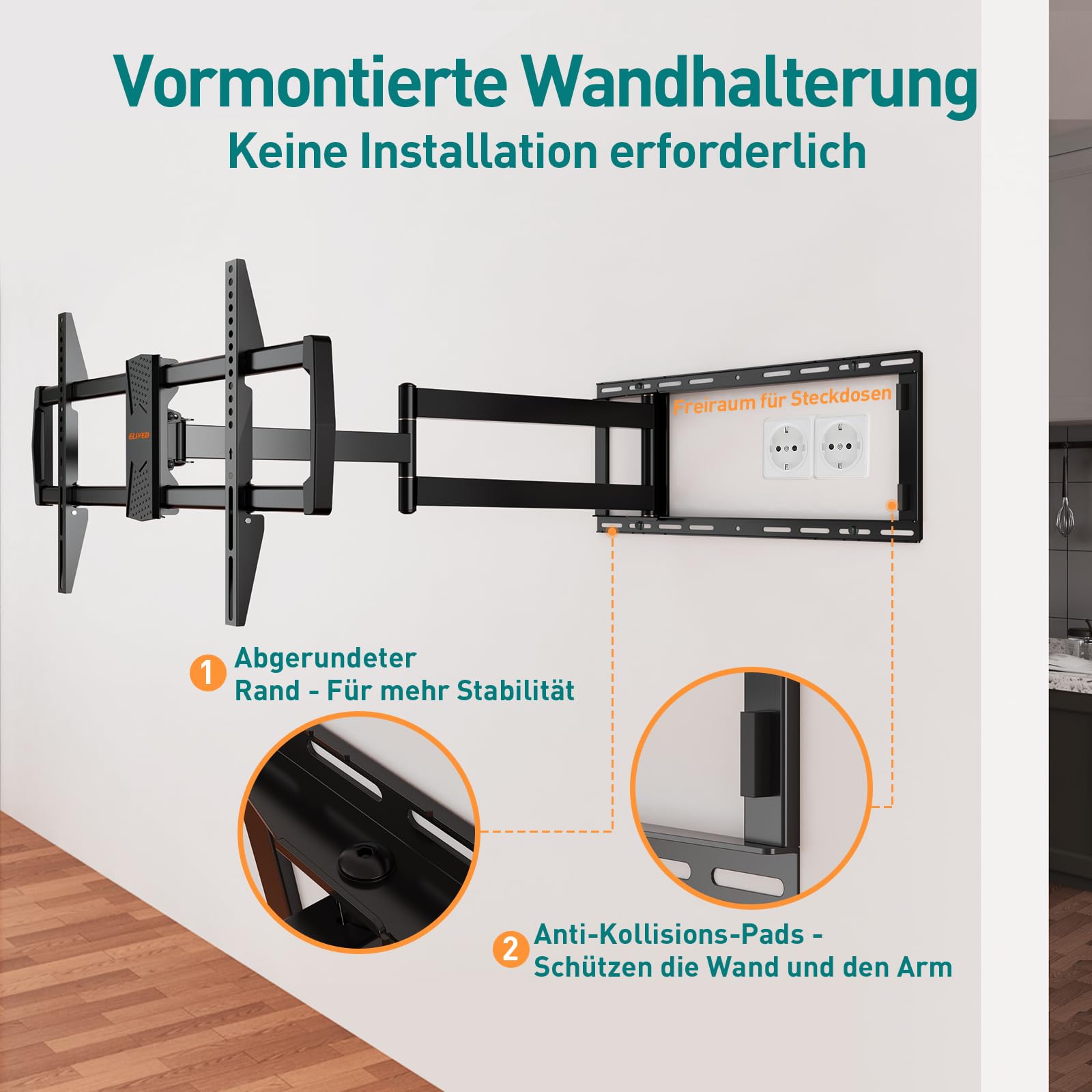 WHYFONE TV muurbeugel draaibaar voor 32-75 inch televisie, tv-wandhouder, kantelbaar, volledige beweging, tv-beugel met 838 mm lange scharnierarm voor platte & gebogen tv tot 45 kg max. VESA 600 x 400