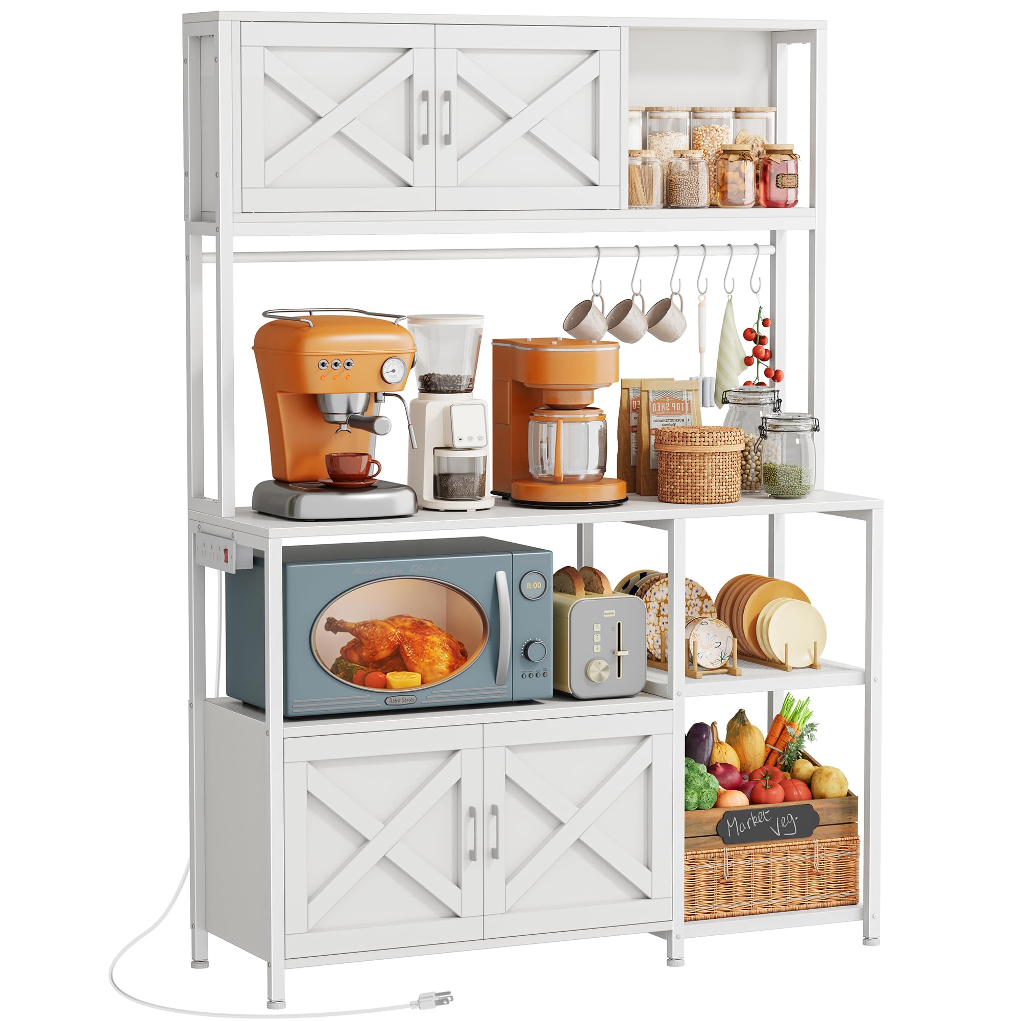Huuger Large Bakers Rack with Power Outlet Kitchen Microwave Stand with Cabinets