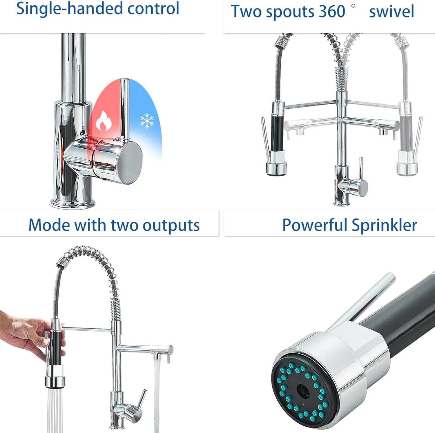 Kitchen Faucets - Two Spouts Sink Mixer Tap, Chrome 360° Degree Rotation Single Hole, with Pull Down Spray Sink Mixer Taps, Pot Filler Dual Spout