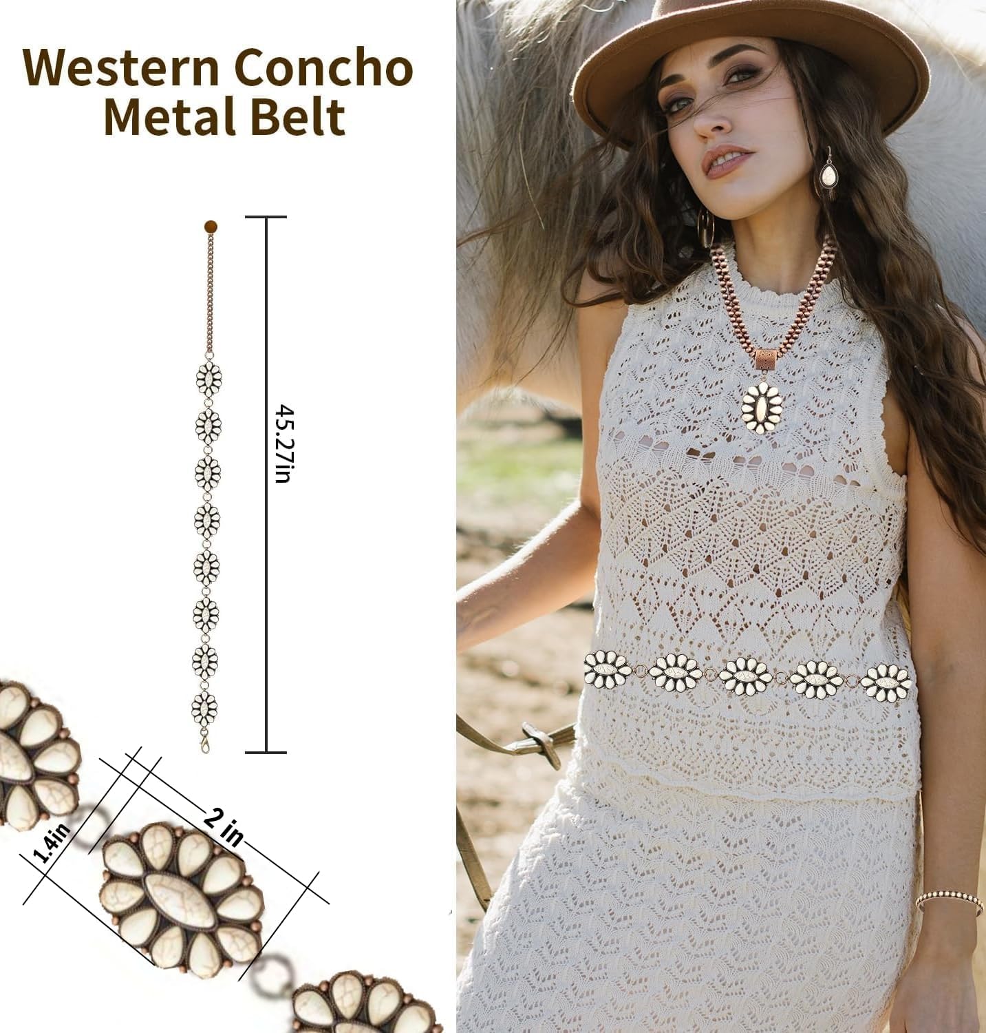 stablerice 4 Pcs Rustic Couture's Western Turquoise Jewelry Set for Women Cowgirl Vintage Westerns Necklace Belts Bracelet Earring Set Rustic Couture's Large Concho Metal Belts Boho Jewelry Set - Image 6